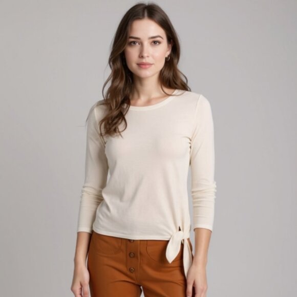 Madewell Off White Linen Blend Side Waist Tie Long Sleeve Tee Size Small - Picture 1 of 10